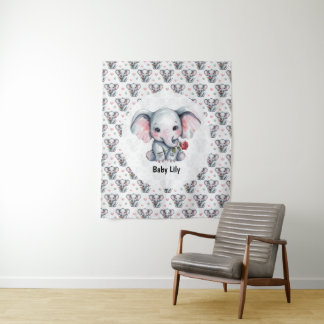 Tapete De Parede Chuva de Bebê Elefante Rosa em Aquarela
