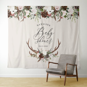 Tapete De Parede Chuva de bebê floral aquarela elegante com cervo r