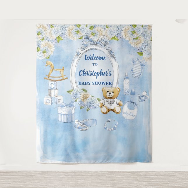 Tapete De Parede Chuva de Bebê Menino Fundo de Flores Azuis Urso de (Frente)