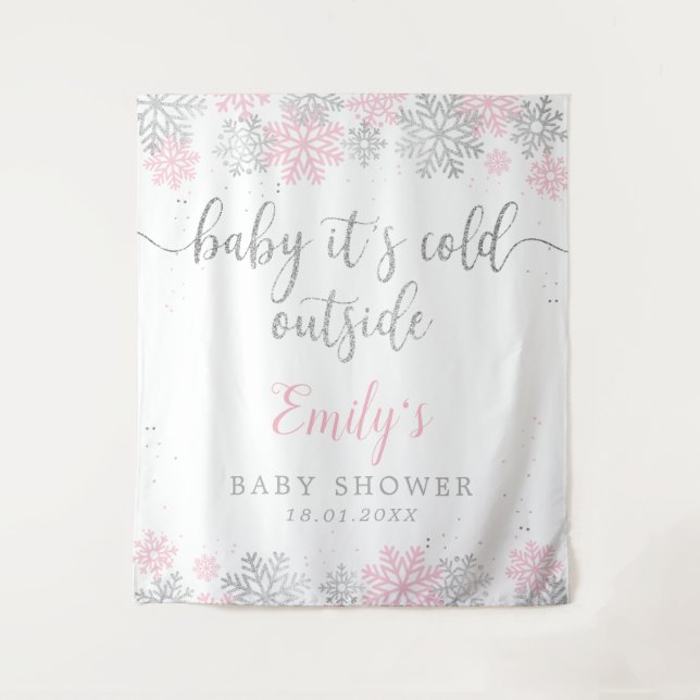 Tapete De Parede Chuva de Neve Rosa e Prata no Inverno Menina Baby  (Frente)