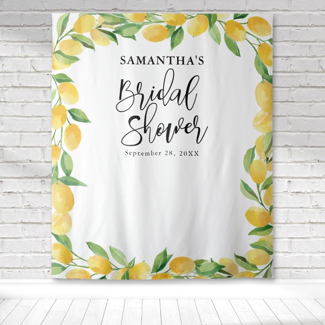 Tapete De Parede Chuva de Noiva de Frutas Cítricas em Aquarela de L (Watercolor yellow lemon fruit border bridal shower welcome backdrop perfect for photo ops.)
