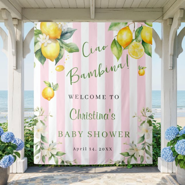 Tapete De Parede Ciao Bambina Baby Shower Pink Lemons Backdrop (Cuao Bambina Baby shower Pink Stripe and citrus lemon backdrop)