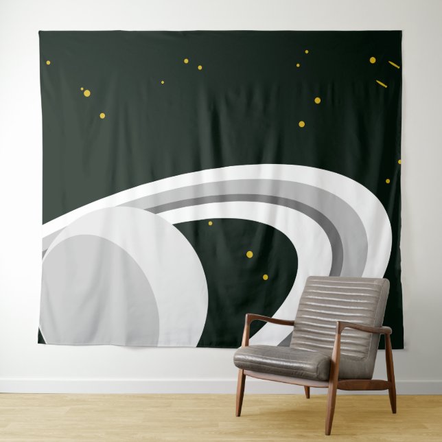 Tapete De Parede Cinza Branca Anéis Planeta Saturno Anéis Estrelas  (In Situ (Horizontal))