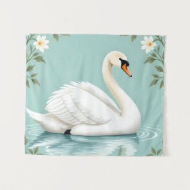Tapete De Parede Cisne branco elegante floral azul