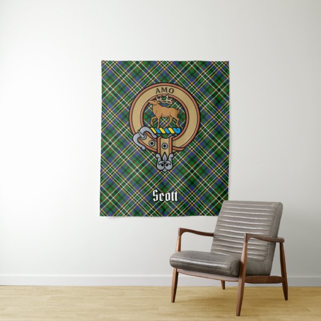 Tapete De Parede Clan Scott Crest sobre Green Tartan (In Situ)