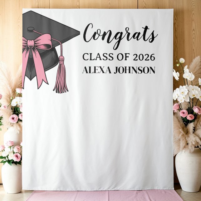 Tapete De Parede Class Of 2026 Pink Bow Graduation Cap Backdrop (Criador carregado)