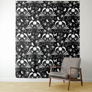 Tapete De Parede Classic Black and White Damask Flourish Butterfly