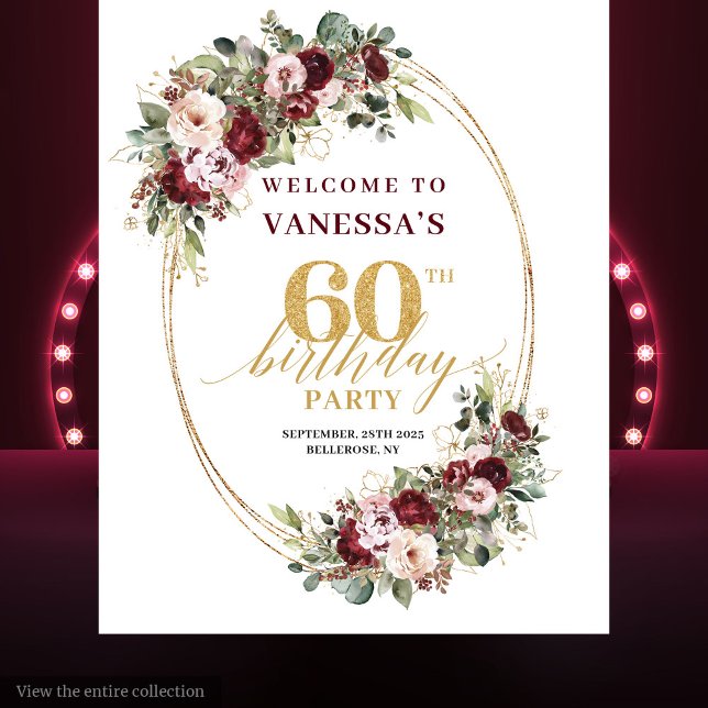 Tapete De Parede Classic Burgundy Gold Floral 60th Birthday Banner (Classic Burgundy Gold Floral 60th Birthday Banner)