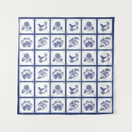 Tapete De Parede Classic Dutch Blue Delft Tile Floral & Bird