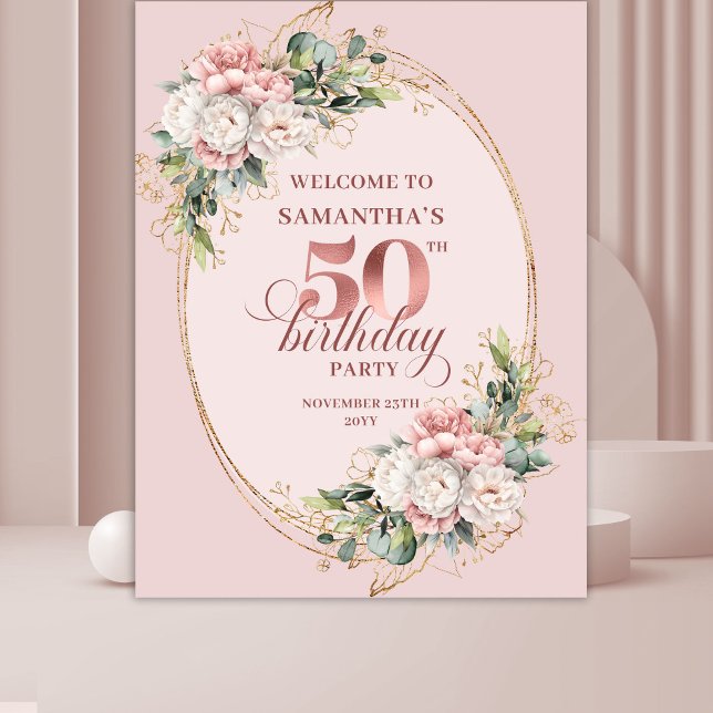 Tapete De Parede Classic Rose Gold Blush 50th Birthday Photo Banner (Classic Rose Gold Blush 50th Birthday Photo Banner)
