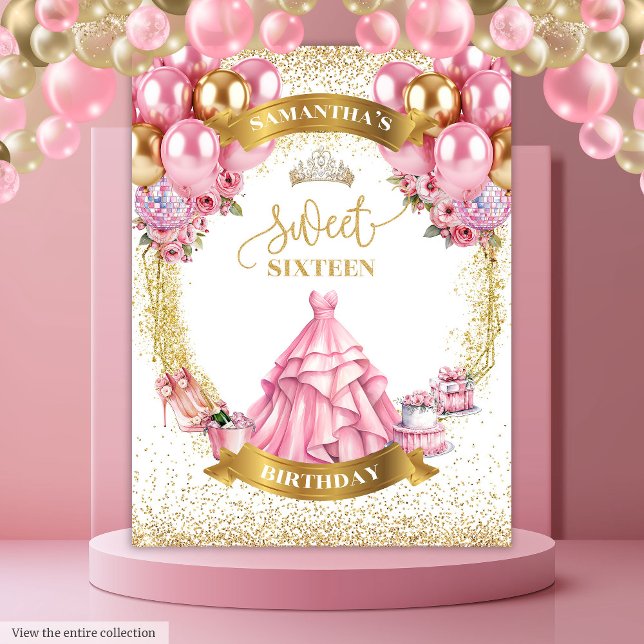 Tapete De Parede Clássico Doce Dezesseis Banners Rosa Vestido Doura (Classy Sweet Sixteen Banner Pink Dress Gold Sparkle)