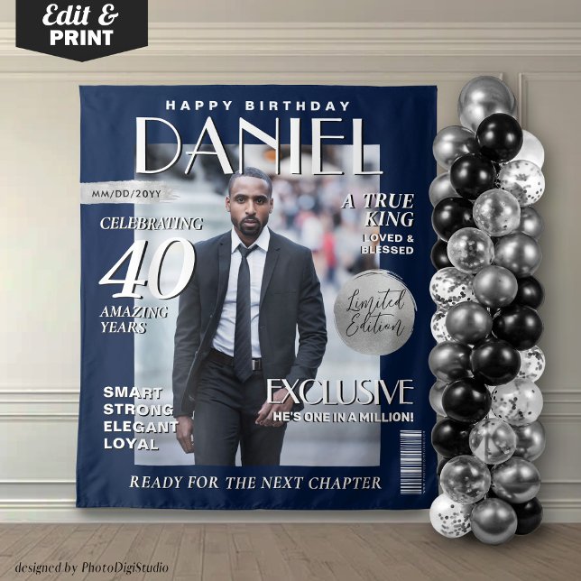 Tapete De Parede Cobrir da revista personalizada Elegante Birthday  (Birthday Custom Magazine Cover Backdrop for Men, Navy Blue Silver Banner Ste and Repeat Fashion)