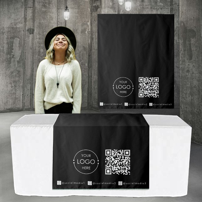 Tapete De Parede Código QR de Banner preto de executor de Mesa pers (Custom Table Runner Banner Black Business QR Code Tapestry)