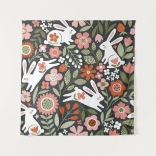 Tapete De Parede Coelhos brancos bonitos, padrão de colheita floral