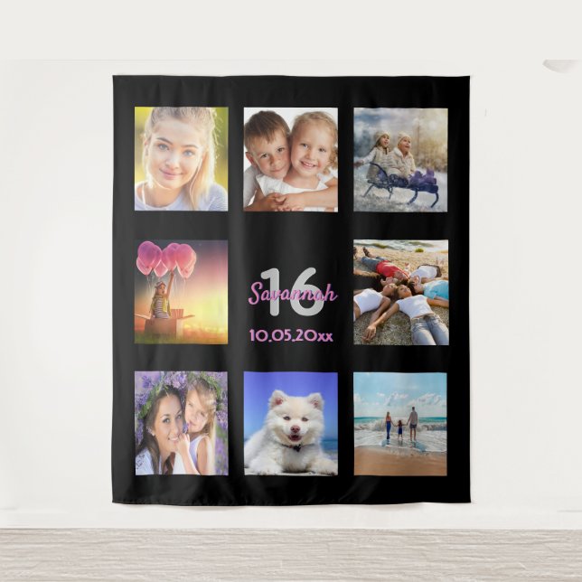 Tapete De Parede Colagem de fotos pretas de aniversário de 16 anos (Frente)