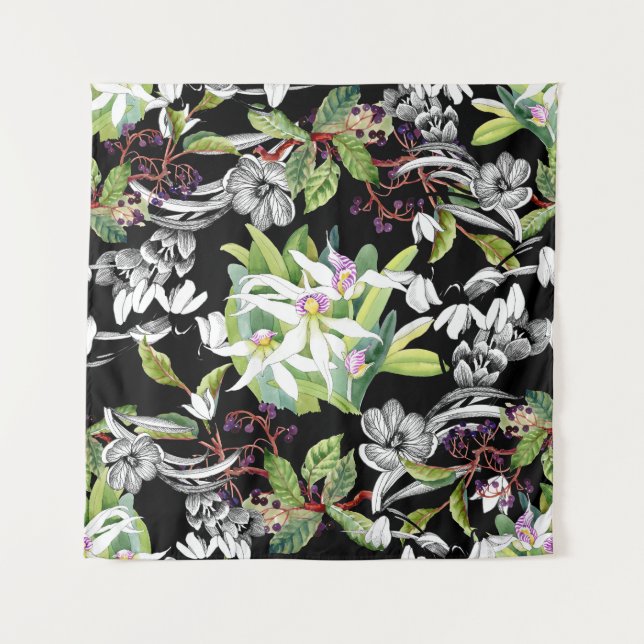 Tapete De Parede Colírio e Orquídeas: Padrão Preto Desenhado (Frente)