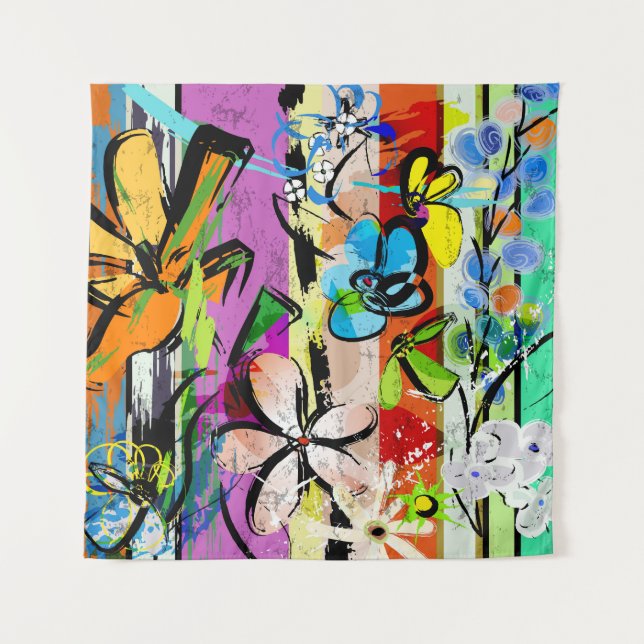 Tapete De Parede Composição de Flores Abstratas e Linhas Geométrica (Frente)
