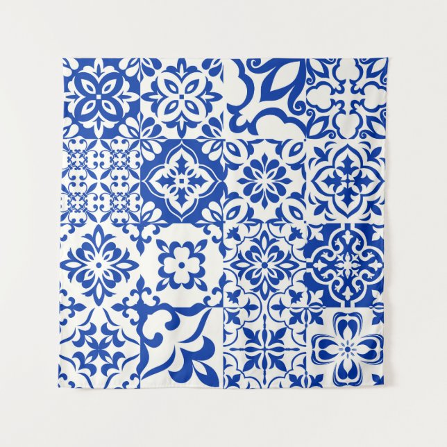 Tapete De Parede Conjunto de 16 azulejos Azulejos em azul, branco.  (Frente)