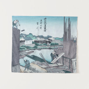 Tapete De Parede Construção de madeira japonesa Ukiyo-e por Hokusai