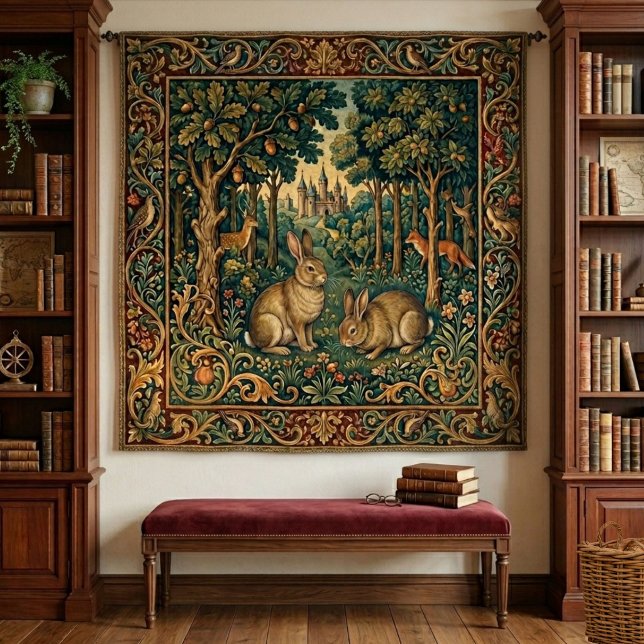 Tapete De Parede Conto de Fadas Coelho Floresta Estilo Medieval (Add a magical touch to your home with this medieval-style, vintage-look woodland forest tapestry.)