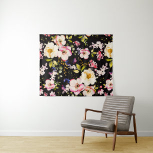 Tapete De Parede Cor-de-água Cor rosa Rosas amarelas pretas Fundo p