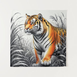 Tapete De Parede Cor de Arte Tigre Desenho Branco Parcial Preto