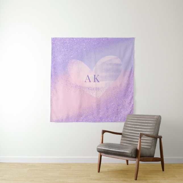 Tapete De Parede Coração com Gradiente Roxo Rosa Monograma  (In Situ)