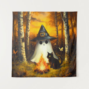 Tapete De Parede Cozy Halloween Ghost & Black Cat Campfire