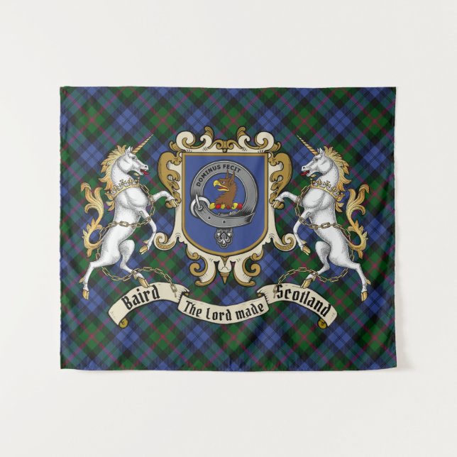 Tapete De Parede Crachá Baird Clan e Unicorns com Tartan (Frente (Horizontal))