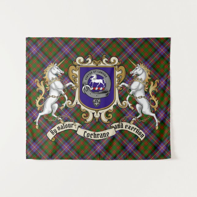 Tapete De Parede Crachá Clan Cochrane e Unicorns com Tartan (Frente (Horizontal))