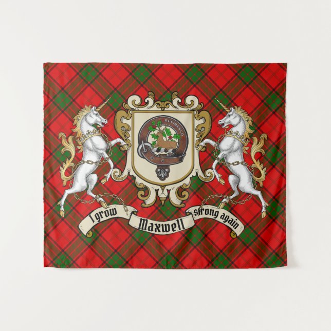 Tapete De Parede Crachá Clan Maxwell & Unicorns w/Tartan (Frente (Horizontal))