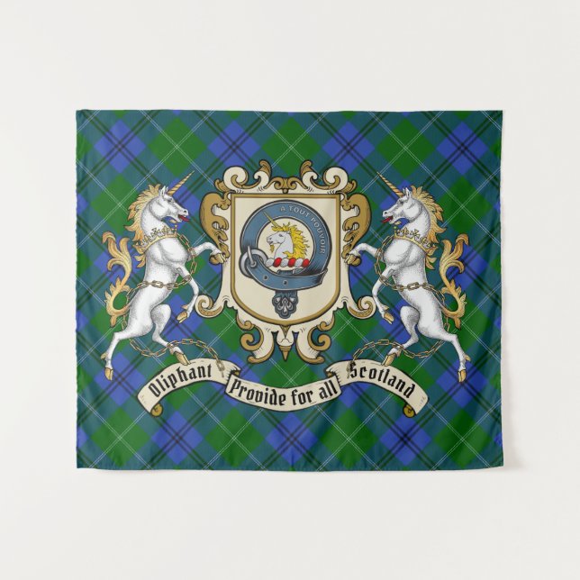 Tapete De Parede Crachá de Oliphant Clan e Unicorns com Tartan (Frente (Horizontal))