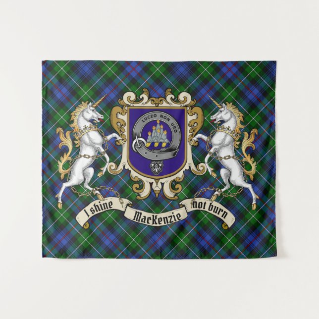 Tapete De Parede Crachá do MacKenzie Clan e Unicórns com Tartan (Frente (Horizontal))