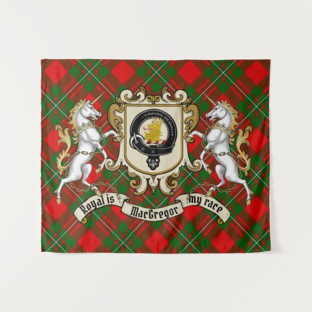 Tapete De Parede Crachá MacGregor Clan e Unicórns com Tartan (Frente (Horizontal))
