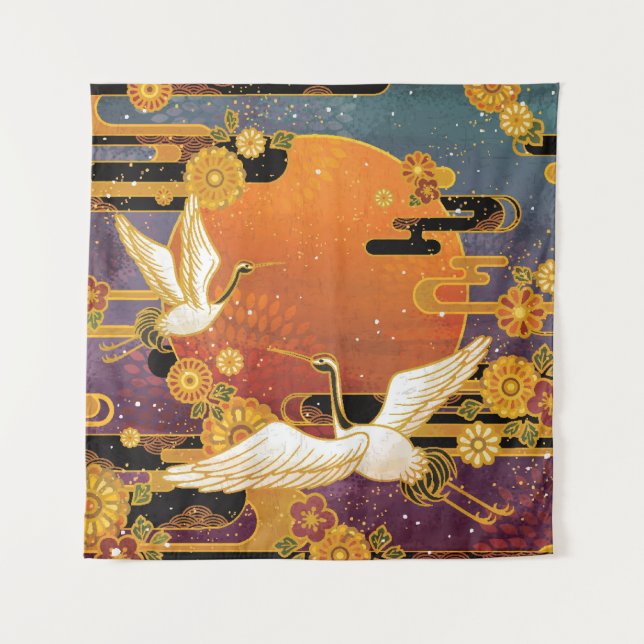 Tapete De Parede Crane Bird Chrysanthemum Padrão Japonês (Frente)