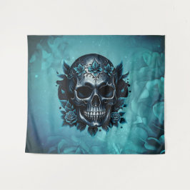 Tapete De Parede Crânio azul escuro com rosas.