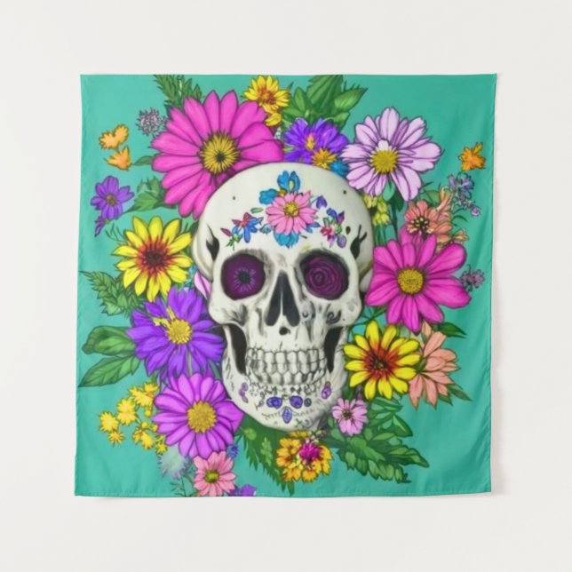 Tapete De Parede crânio colorido com flores (Frente)