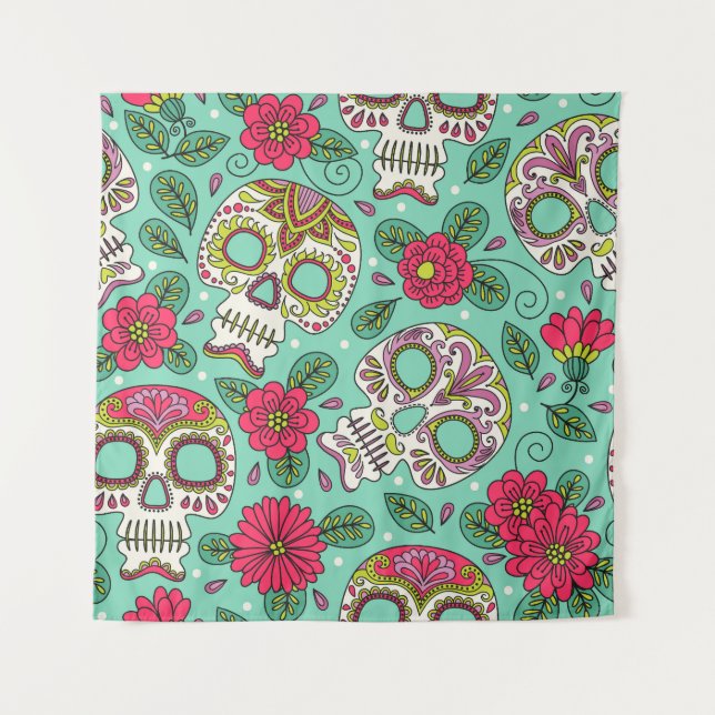 Tapete De Parede Crânio mexicano e flores, sem costura. (Frente)