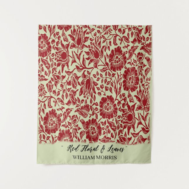 Tapete De Parede Creme Vermelho Teal Moderno William Morris Folhas  (Frente)