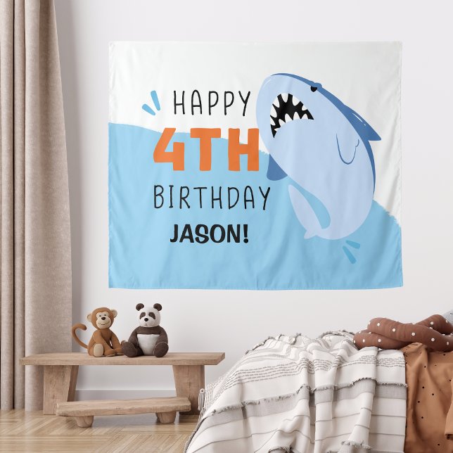 Tapete De Parede Crianças Tubarões 4º Aniversário Personalizado (Kids Shark 4th Birthday Backdrop Custom
)