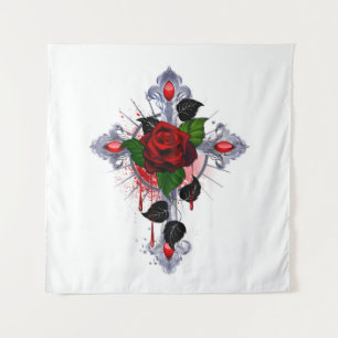 Tapete De Parede Cruz de Prata com Rosa vermelha