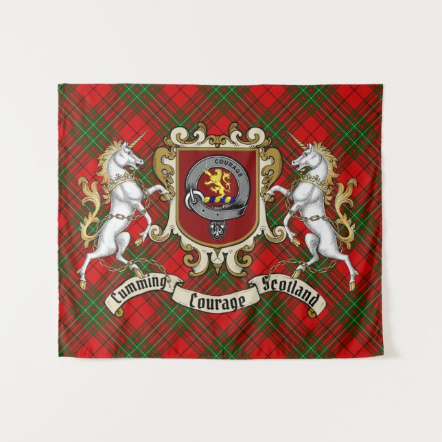 Tapete De Parede Cumming Clan Crachá & Unicorns w/Tartan (Frente (Horizontal))