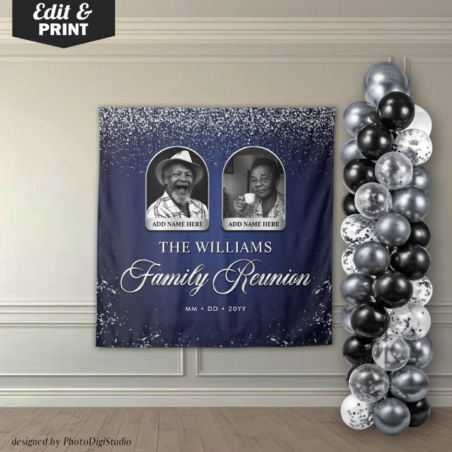 Tapete De Parede Custom Family Reunion Banner, 2 Photo Blue Silver  (Custom Family Reunion Banner, 2 Photo Blue Silver Tapestry)