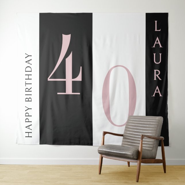 Tapete De Parede Custom Name & Age Banner Black Pink White Birthday (In Situ (Horizontal))