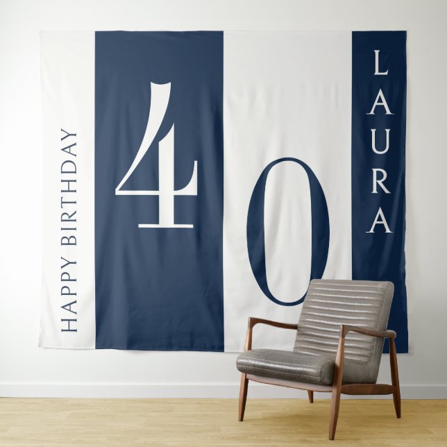 Tapete De Parede Custom Name & Age Banner, Navy and White Birthday (In Situ (Horizontal))