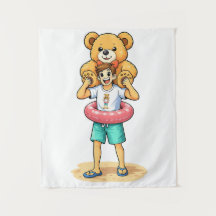 Cute Cartoon Man with Giant Teddy Bear Summer Fun