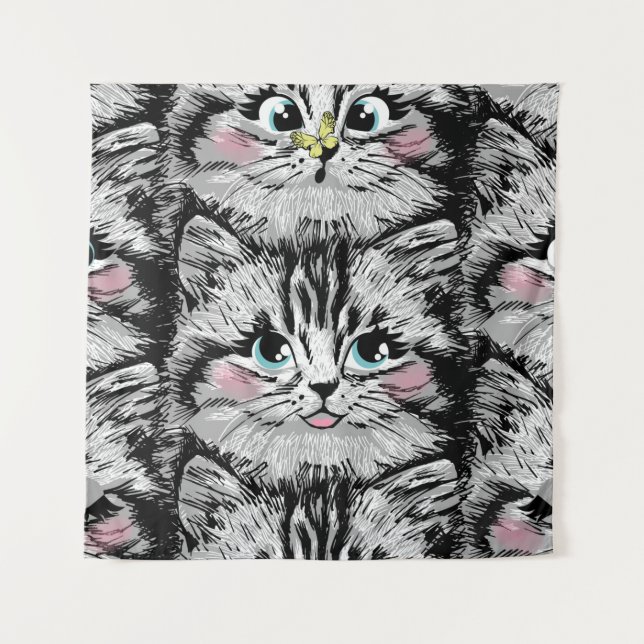 Tapete De Parede Cute furry kitten face seamless pattern. Illustrat (Frente)