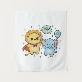 Tapete De Parede Cute Superhero Lion and Elephant Friends Cartoon