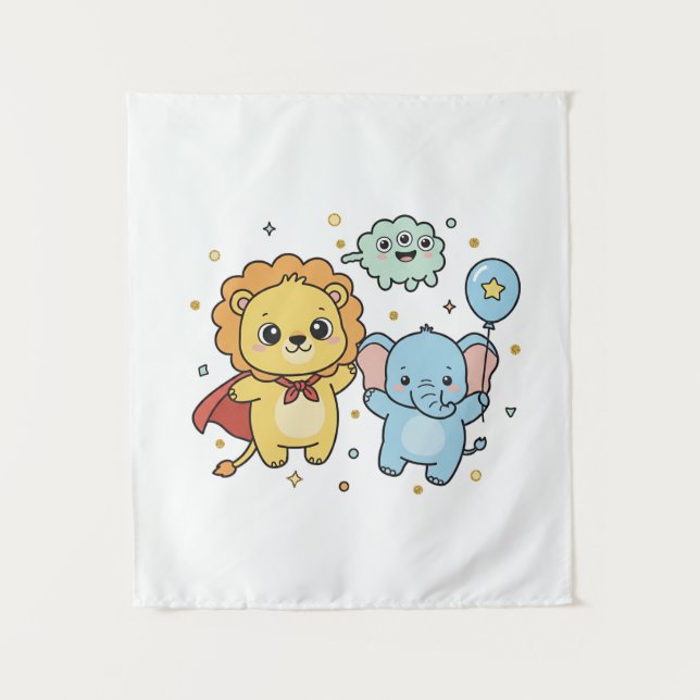 Tapete De Parede Cute Superhero Lion and Elephant Friends Cartoon (Frente)