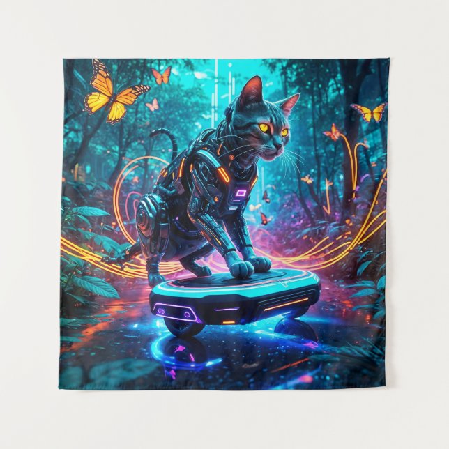 Tapete De Parede Cyborg Cat Races na selva de Neon (Frente)